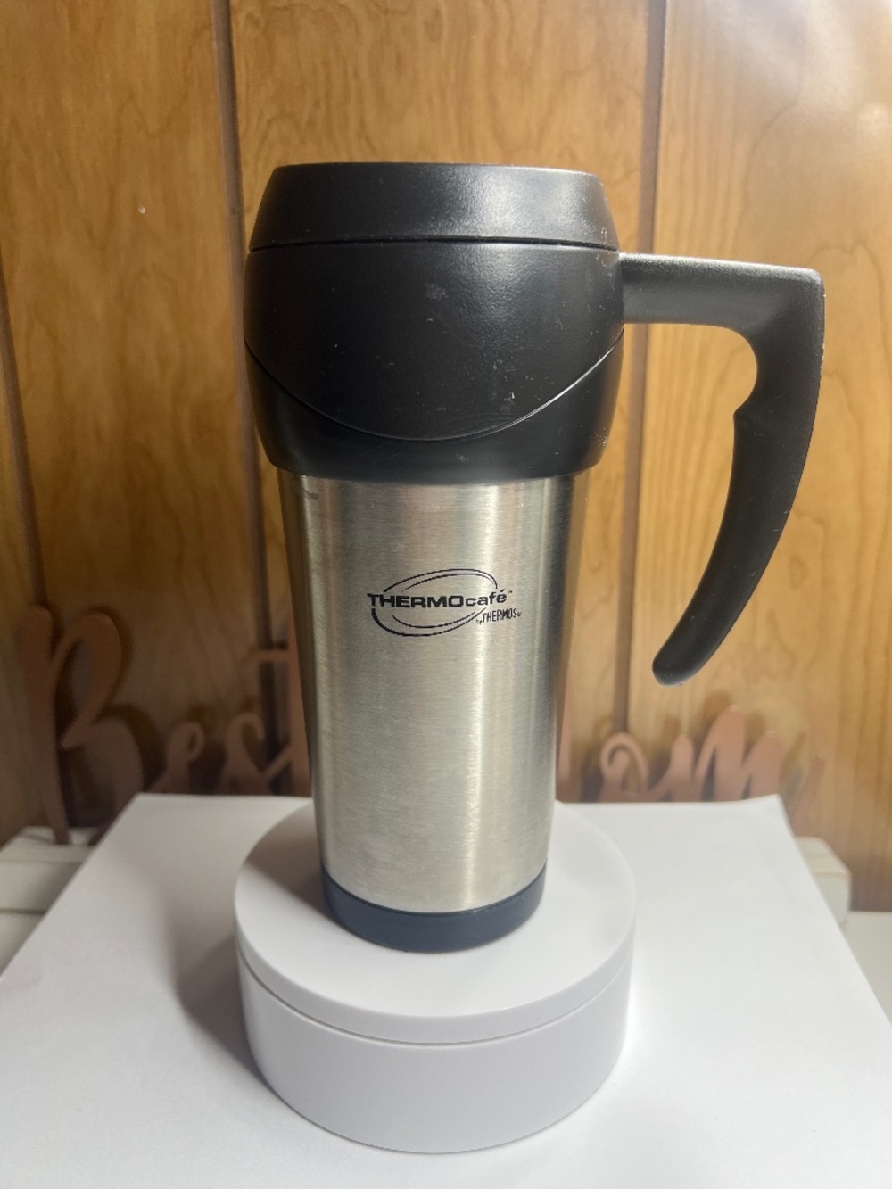 Vintage ThermoCafe By Thermos Travel Mug Stainless Steel Black Handle 16oz 7"- 8